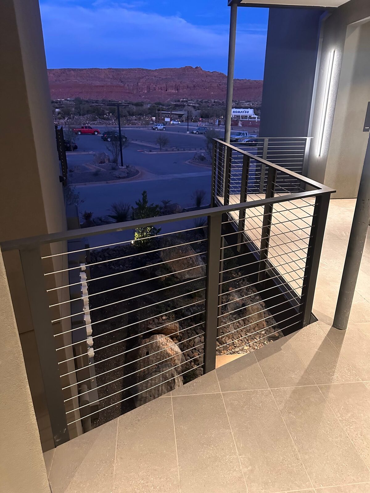 Stainless cable railing and lighted grab rail at Black Desert Resort, detail