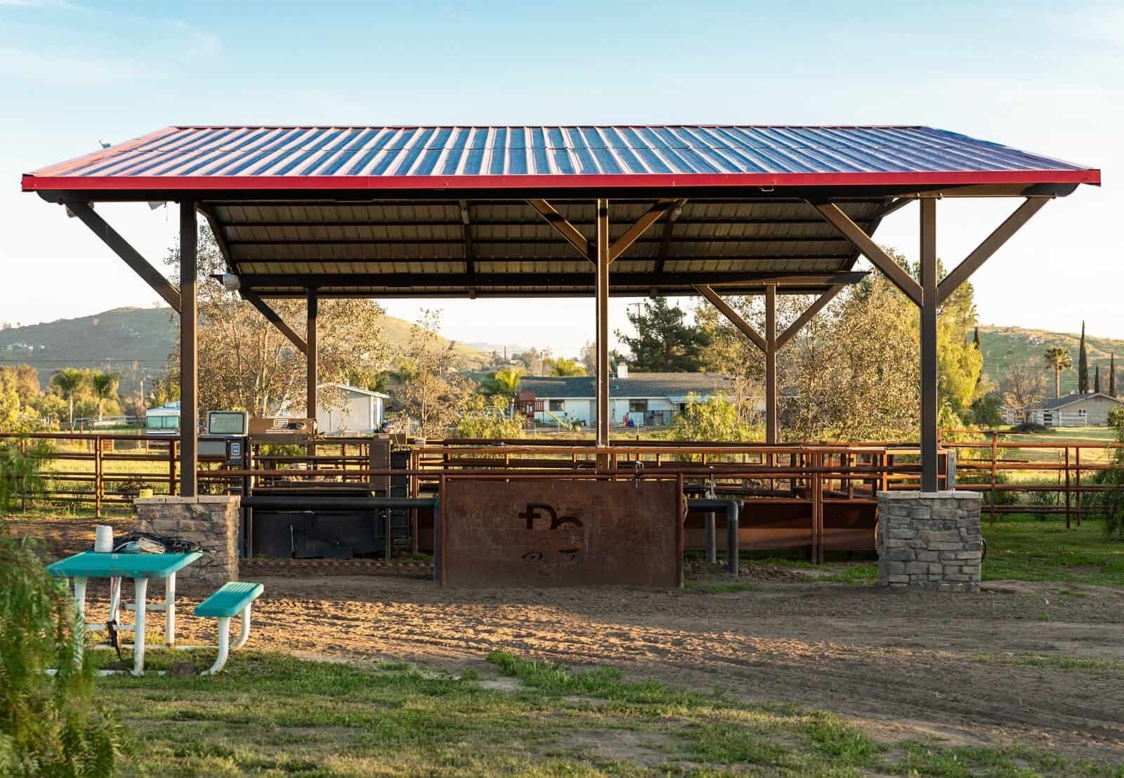 Steel I-beam covered arena and shade pavilion with tube-steel columns, detail
