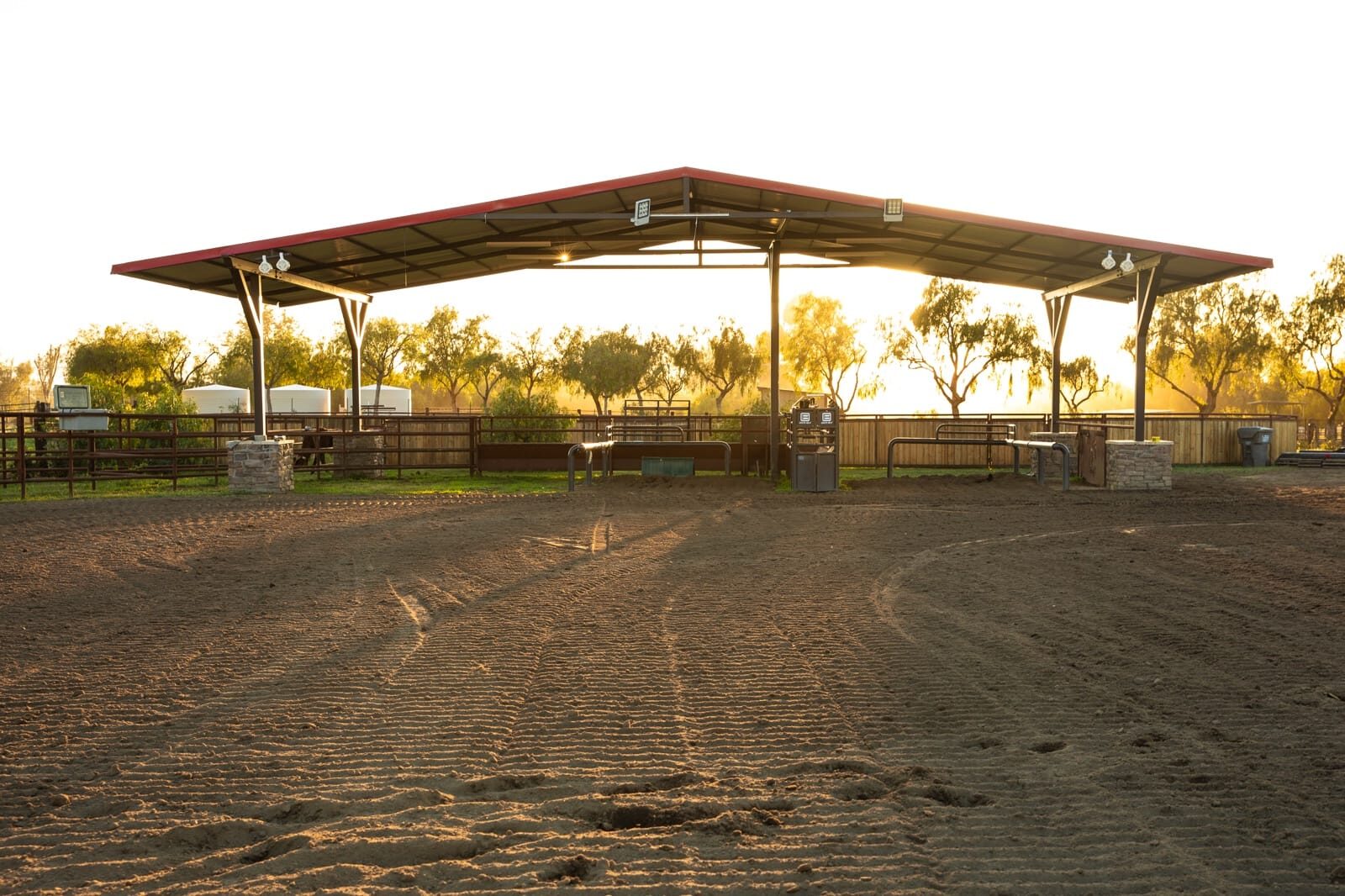 Steel I-beam covered arena and shade pavilion with tube-steel columns, detail