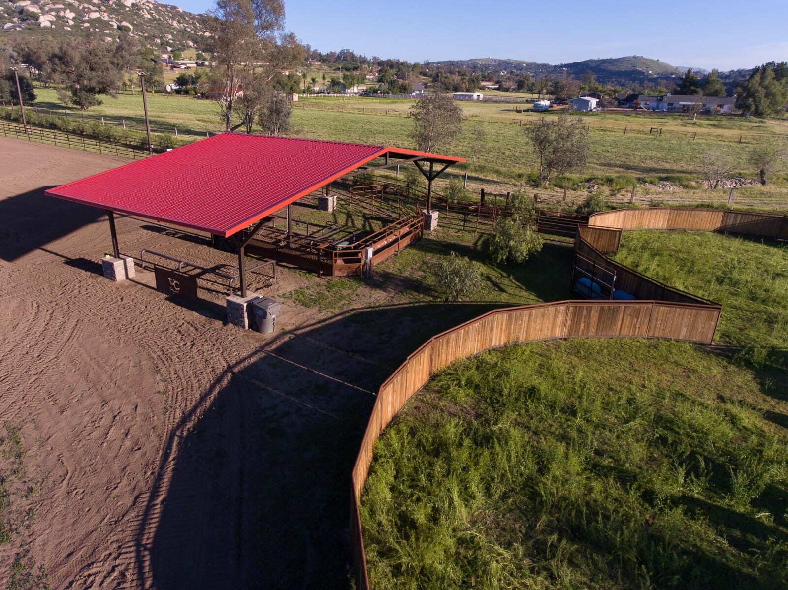 Steel I-beam covered arena and shade pavilion with tube-steel columns, detail