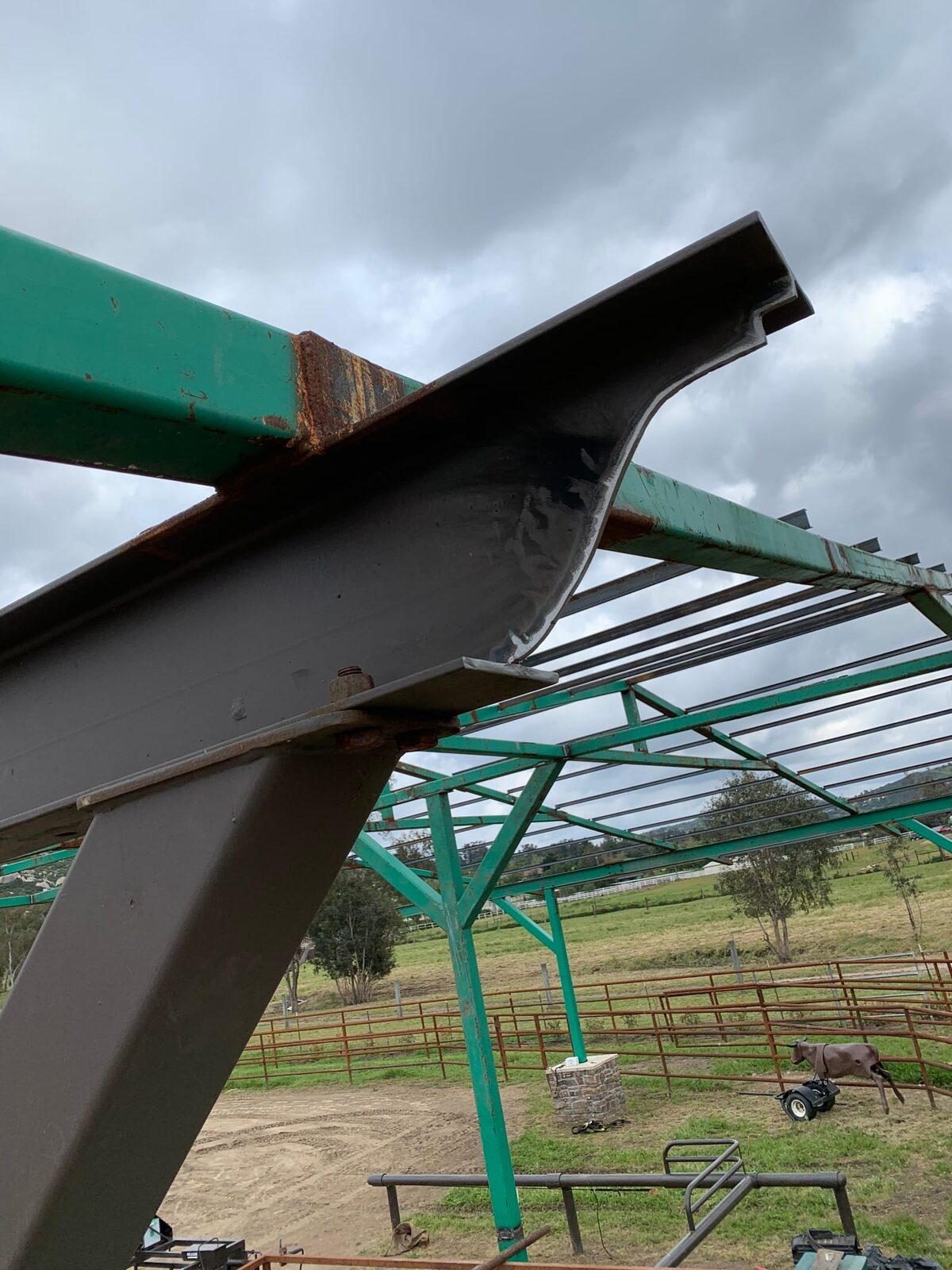 Steel I-beam covered arena and shade pavilion with tube-steel columns, on-site fabrication