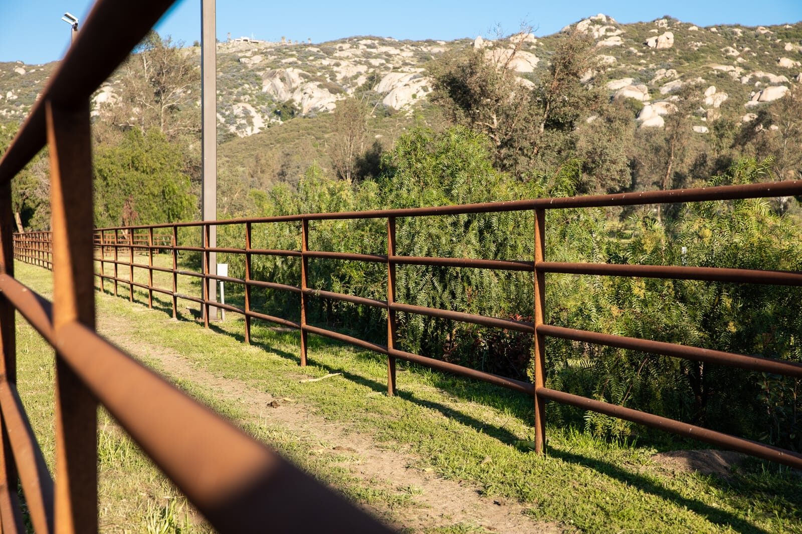 Weathered drill-pipe ranch fencing across a custom horse property, finished installation